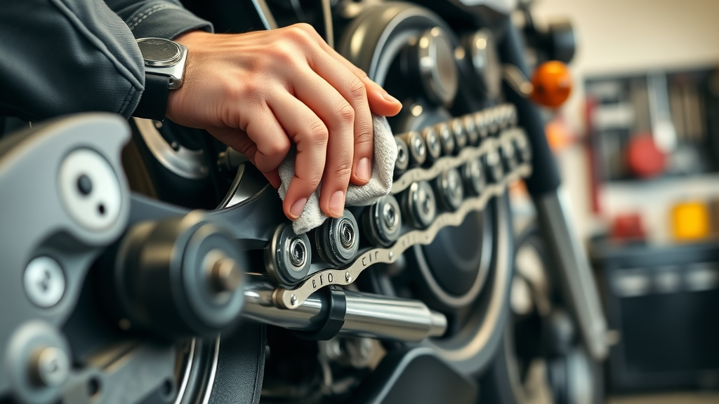 dynamic close-up of a shiny, well-lubricated motorcycle chain, satisfied biker inspecting the chain, photorealistic, in a well-lit garage with metallic focus - chain lubrication tips