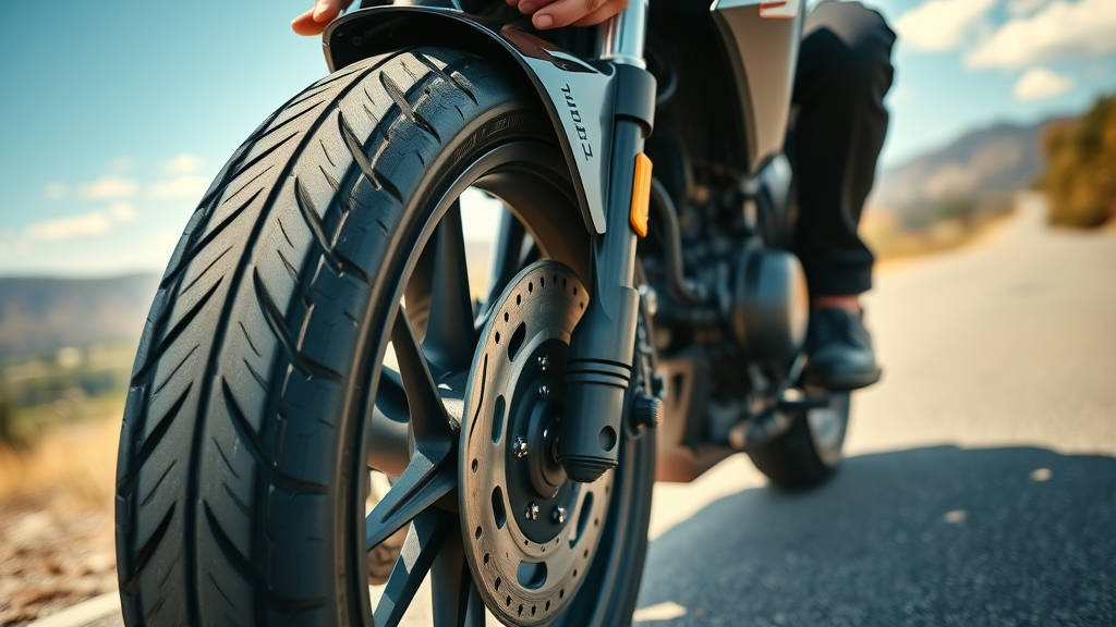 motorcycle tire maintenance modern motorcycle on scenic road rider inspecting front tire