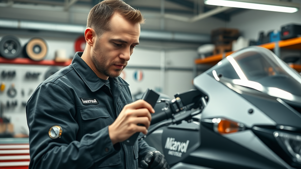 certified motorcycle technician using advanced diagnostic tools analyzing brake system