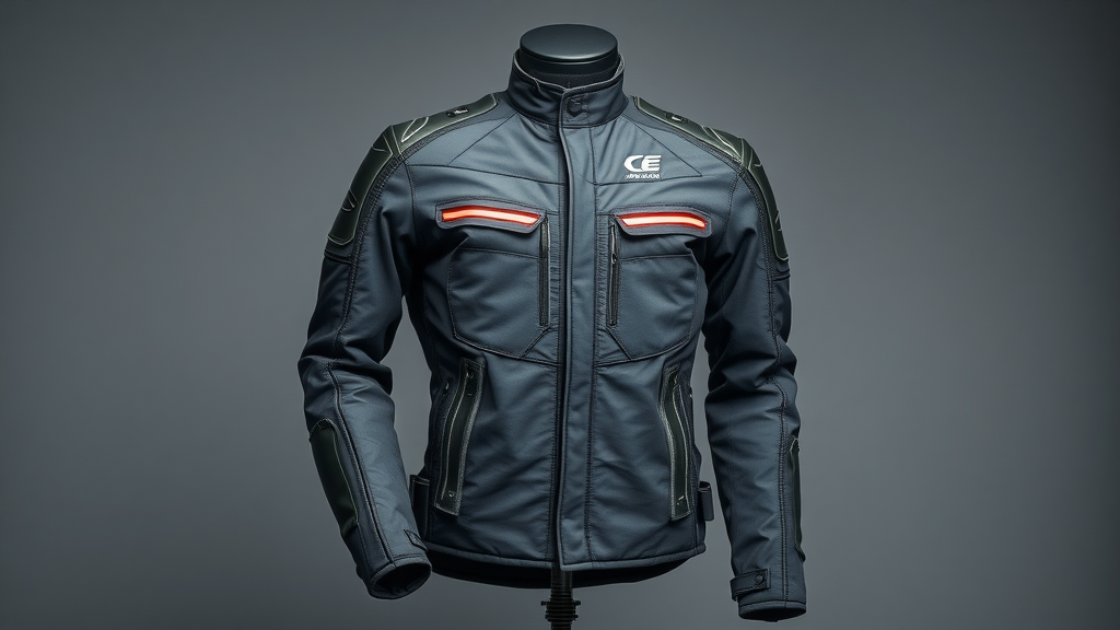 modern motorcycle jacket with CE armor and reflective panels on display