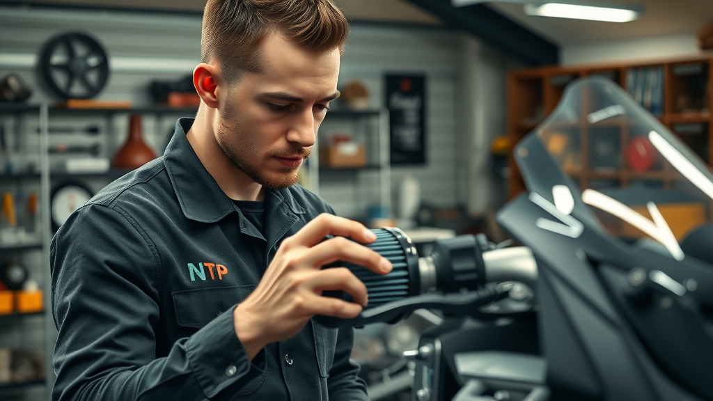 Skilled mechanic carefully installing an upgraded air filter on a sport bike in a lifelike, organized workshop—highlighting how performance motorcycle mods are installed safely.