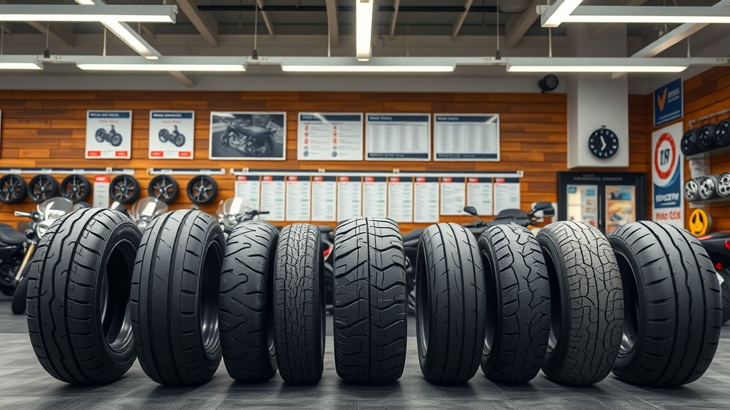 display of different motorcycle tire sizes and profiles for motorcycle tire and brake care