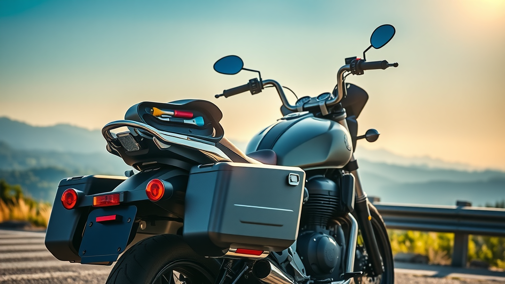 modern motorcycle open saddlebag organized tool kit essentials, highway view, mountains, sun on chrome
