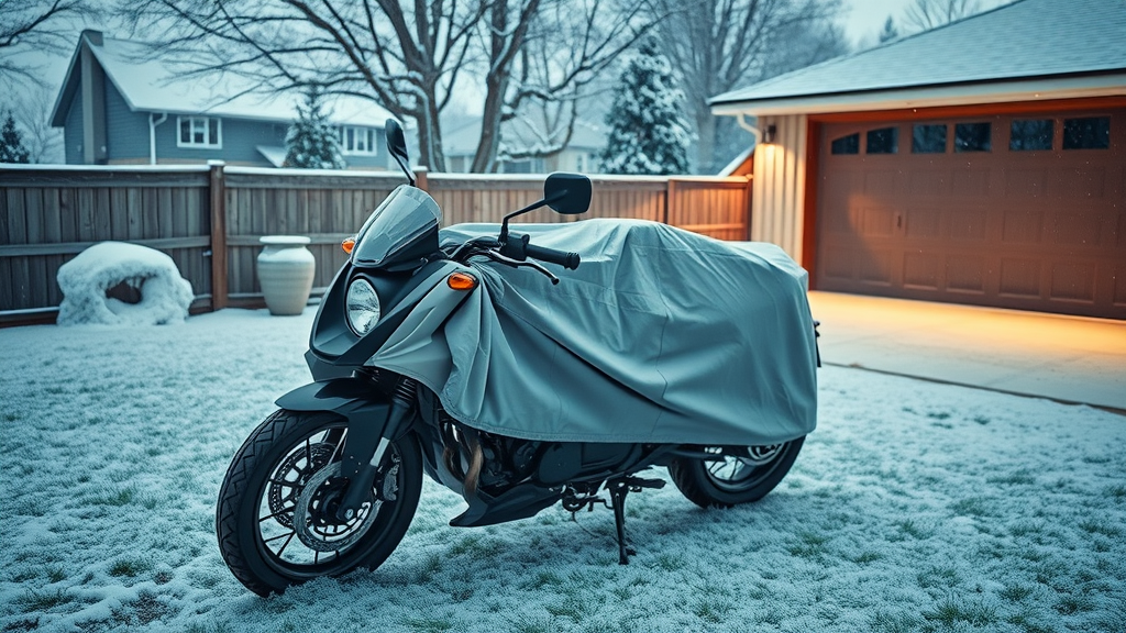 motorcycle winter storage, covered motorcycle outdoors in snow, residential setting, safe and calm