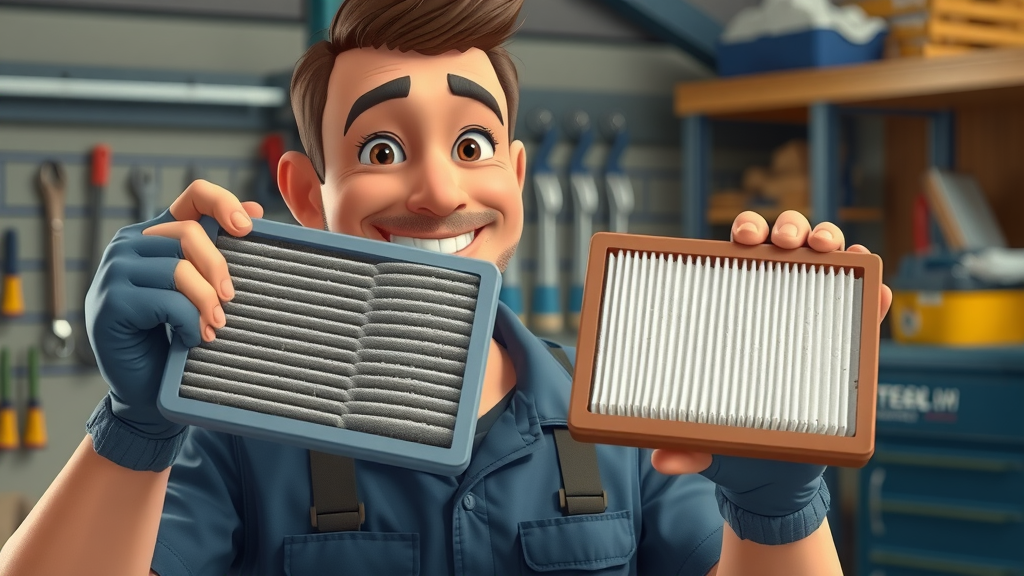 detailed shot of a mechanic comparing a dirty and clean air filter, illustrating air filter maintenance for motorcycle engines.