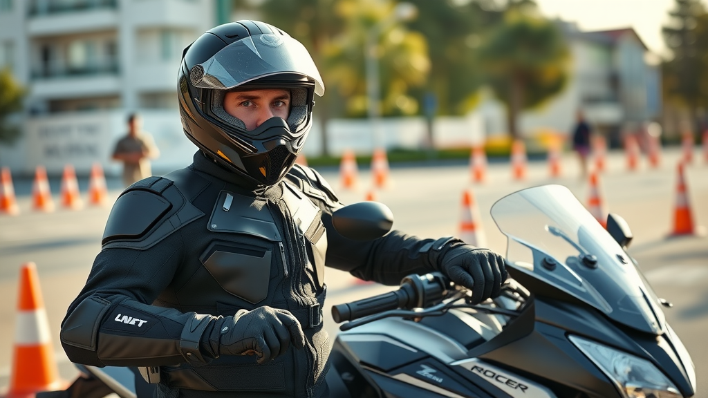 Motorcycle rider in full protective gear, helmet, armored jacket, gloves, boots, beside bike in sunlit urban backdrop