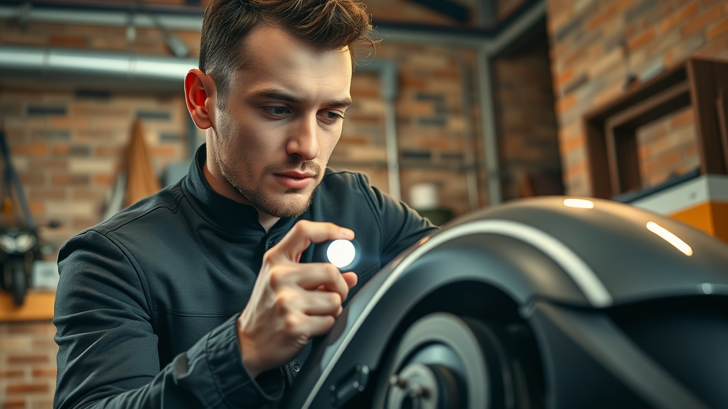 rider checking motorcycle brake caliper for motorcycle tire and brake care