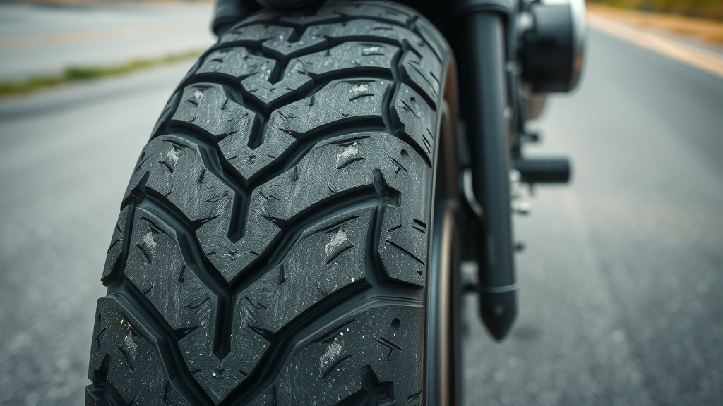 worn motorcycle tire showing uneven tread sidewall crack close-up