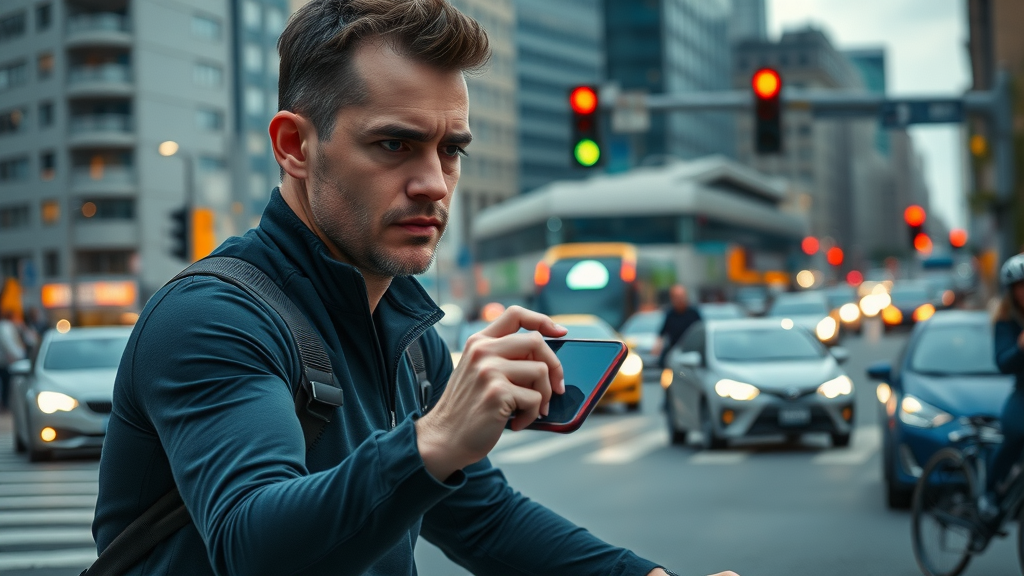 motorcycle safety in city: rider planning GPS route before busy urban intersection, downtown background