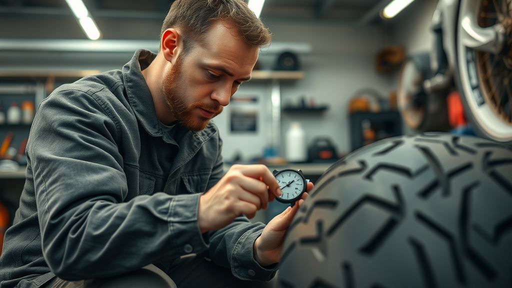 mechanic inspecting motorcycle tire tread and brake system for motorcycle tire and brake care