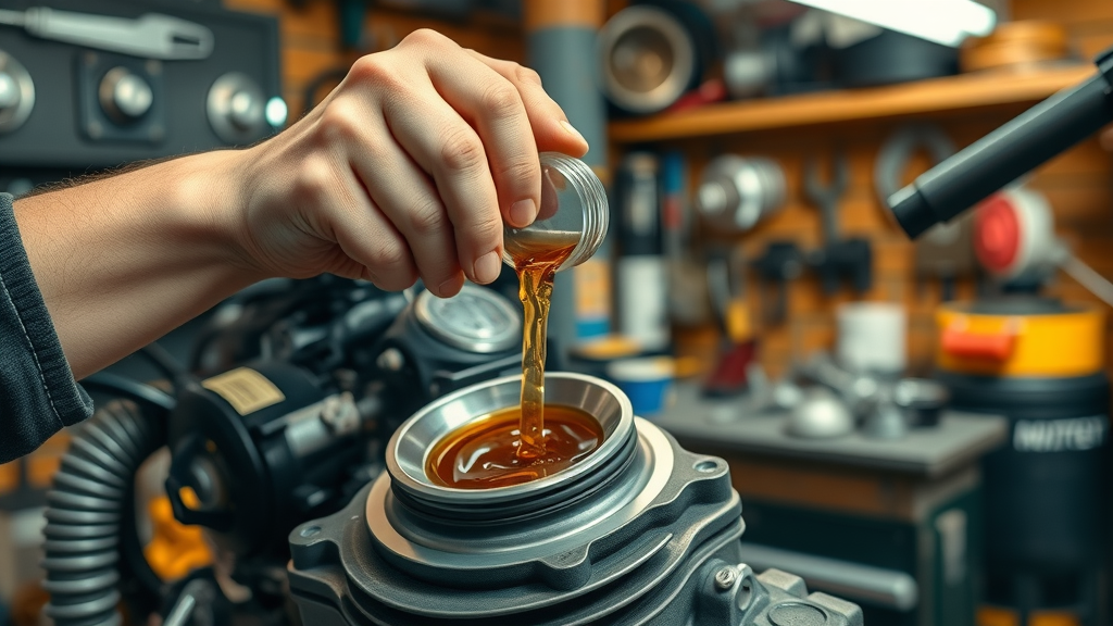 realistic action shot of a hand changing oil on a motorcycle engine, demonstrating the oil change process for motorcycle engine maintenance.