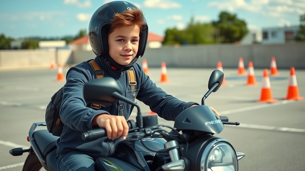 Confident young beginner motorcyclist practicing in urban training area with cones, focused and mounting a standard motorcycle, demonstrating beginner motorcycle riding tips.