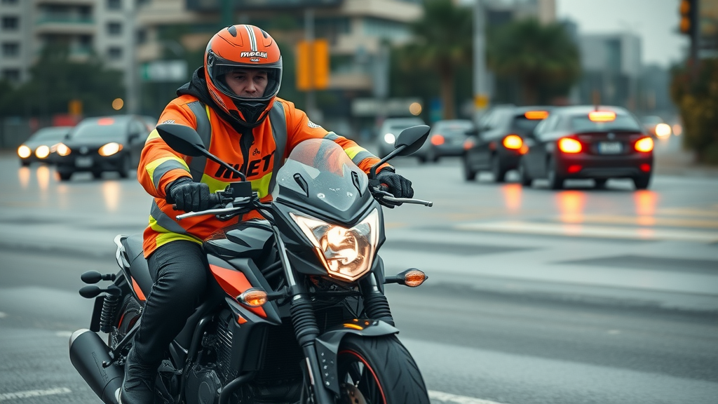 experienced motorcyclist in high-visibility gear performing emergency swerve on wet road