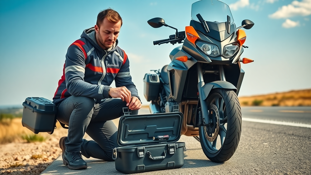 motorcycle tool kit essentials roadside inspection with modern touring bike, confident motorcyclist checking tools, open landscape, blue sky