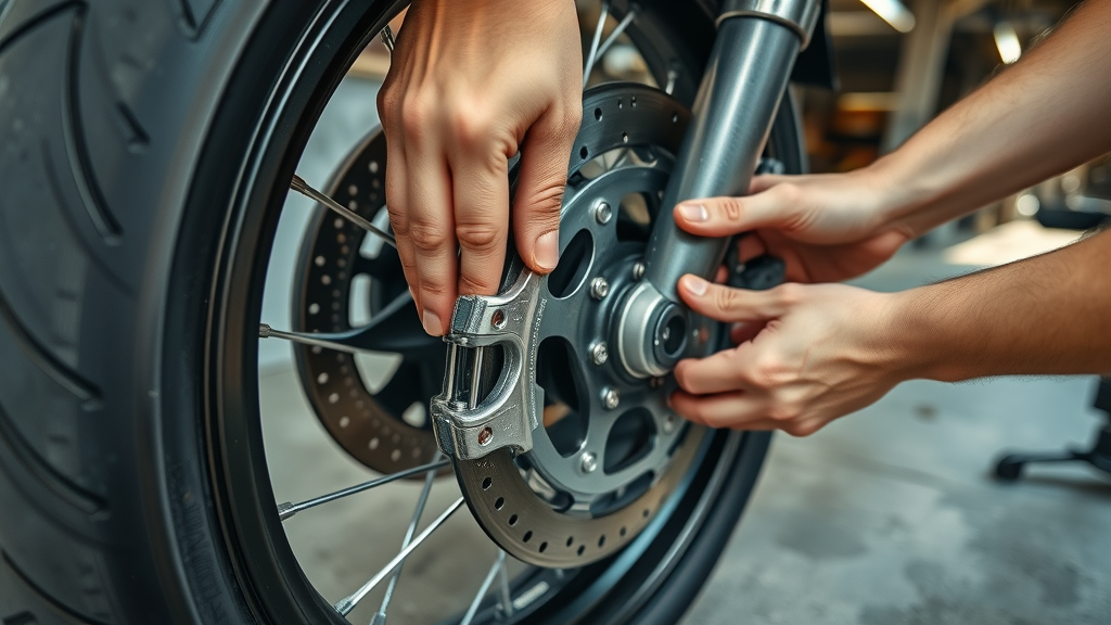 motorcycle maintenance guide closeup wheel, hands inspecting brake pads with caliper tool