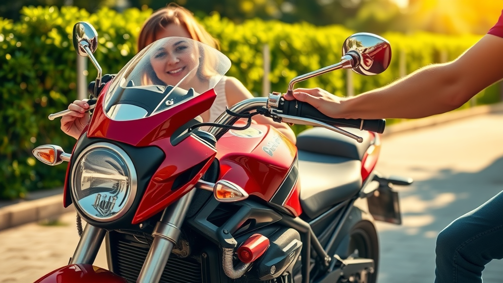 motorcycle seasonal care, rider checking oil and polishing motorcycle, bright spring day