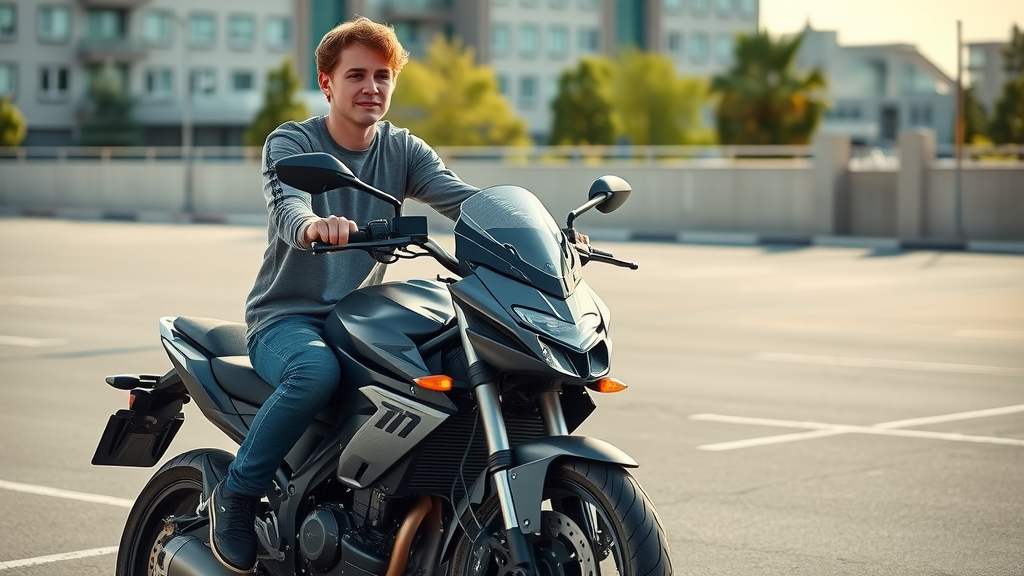 confident motorcyclist practicing emergency braking skill in urban parking lot