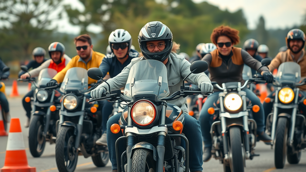 dynamic group of diverse motorcycle riders focused on motorcycle handling skills outdoor training