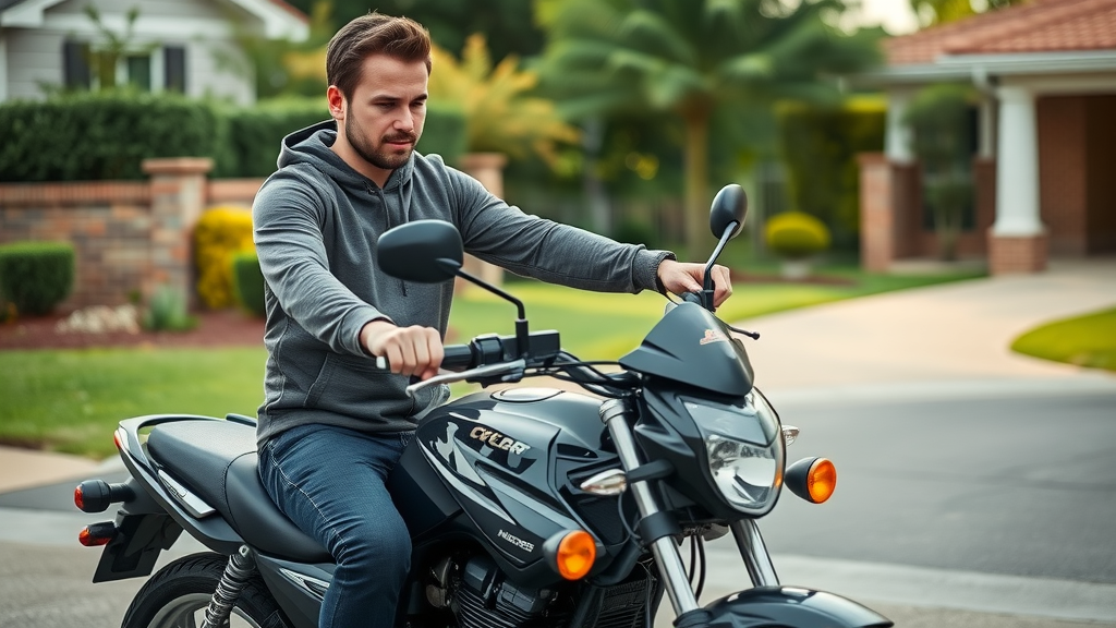 new motorcycle rider carefully mounting motorcycle in residential area