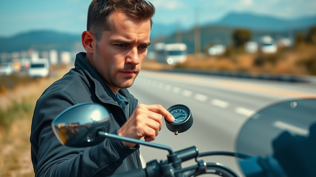 motorcycle maintenance guide attentive rider checking tire pressure with digital gauge on roadside