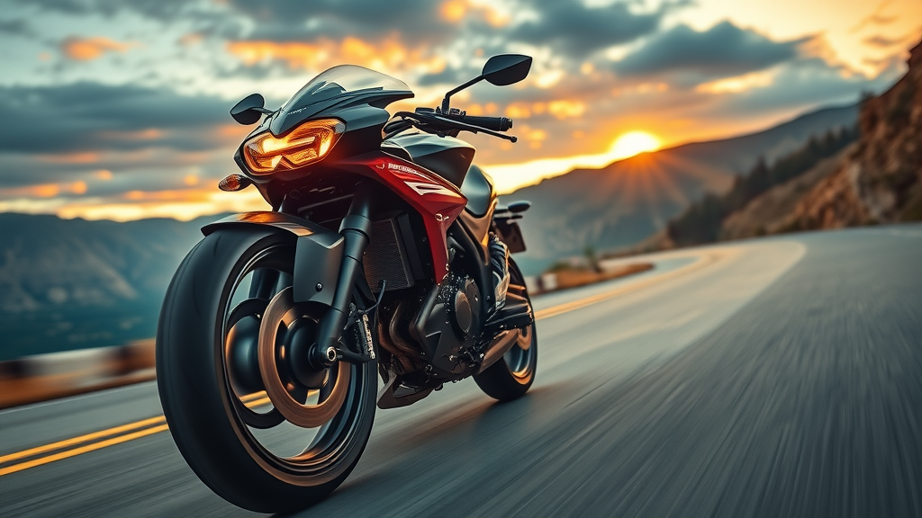 upgraded motorcycle brake system, rider leaning into curve, high-performance on scenic road