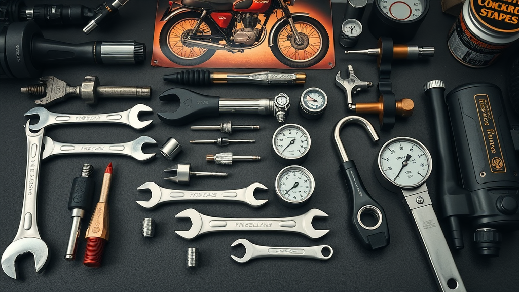 well-organized motorcycle tool kit essentials flat lay with wrenches, pliers, tire pressure gauges, chrome tools, vintage bike poster
