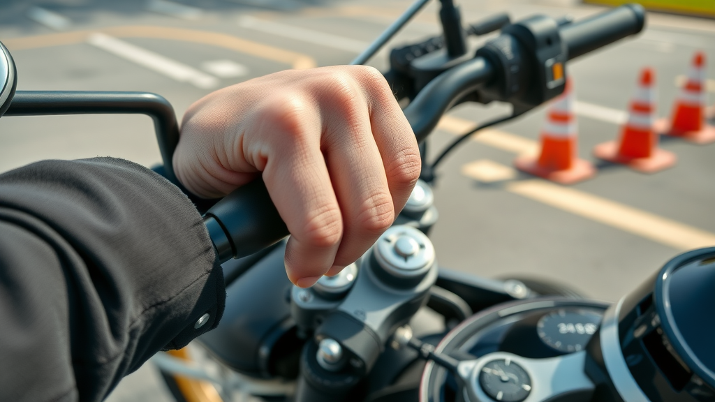 Close-up of hands skillfully managing clutch and throttle controls, demonstrating the friction zone technique on a motorcycle in a parking lot with cones