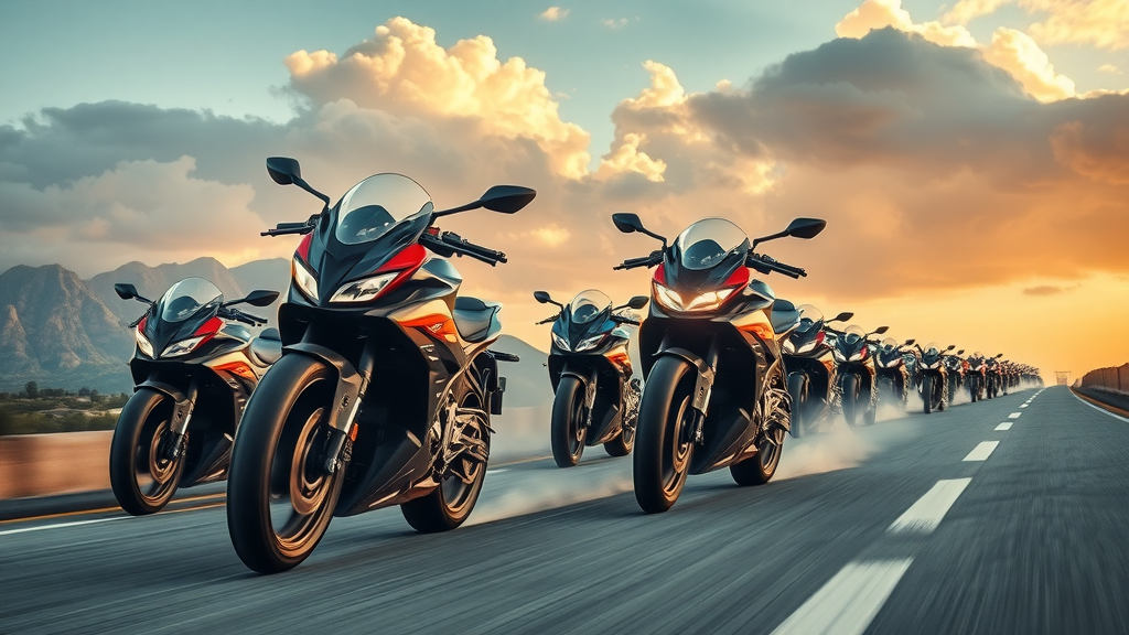 A dynamic group of high-performance sport motorcycles expressing power and speed, accelerating down an open road with mountain scenery and dramatic clouds in the background. The image highlights the energy and power of motorcycles with dust trails and motion blur, perfect for a guide to performance motorcycle mods.