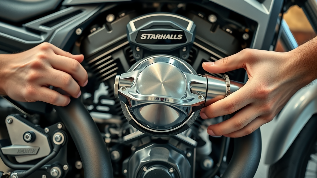 Close-up of a powerful motorcycle engine showing upgraded air intake and exhaust parts, with hands installing a shiny aftermarket part in a lifelike garage setting—a visual for understanding performance motorcycle mods.