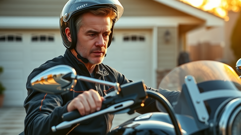 motorcycle safety pre-ride inspection: rider checking bike in driveway with sunlight glinting on chrome