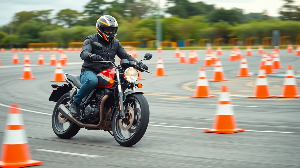 Motorcycle rider practicing figure eights at slow speed, upright and focused, among orange cones in a paved training yard
