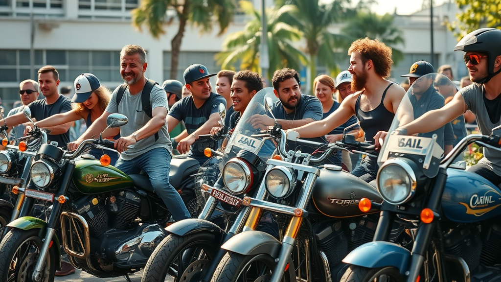 variety of customized motorcycles and riders, motorcycle customizations and upgrades, urban setting, vibrant colors