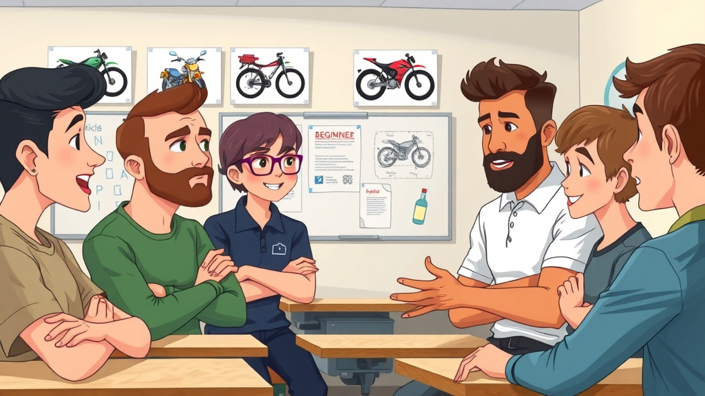 Focused group of beginner motorcyclists discussing safety tips with instructor in classroom, highlighting the importance of beginner motorcycle riding tips.