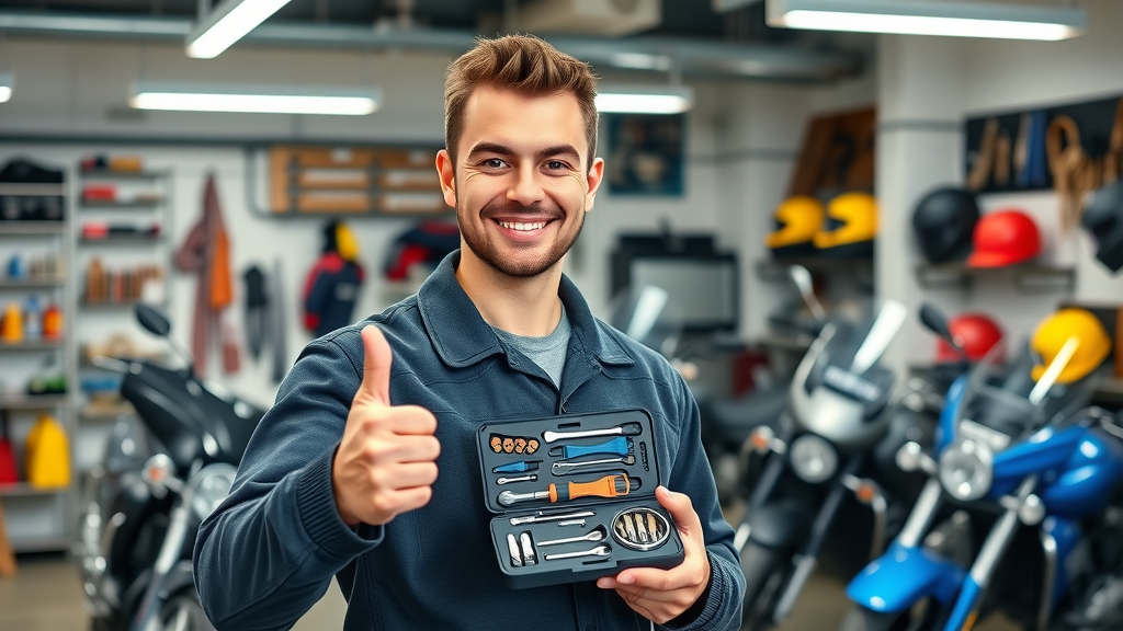 professional mechanic with motorcycle tool kit, smiling, tidy garage, tool box, motorcycle tools in background