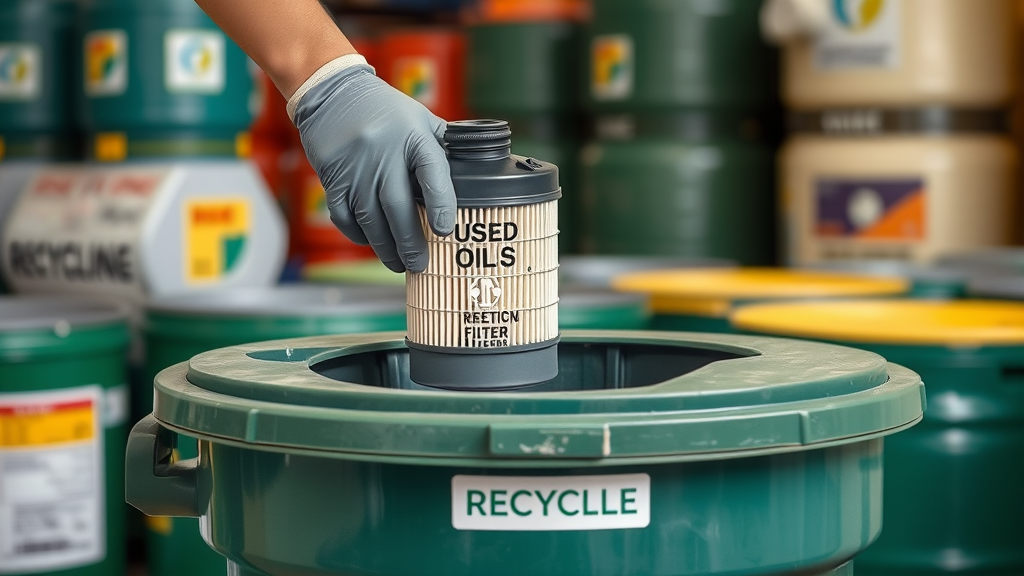 Gloved hands responsibly disposing used oil and filter in a marked recycling bin at recycling center - correct motorcycle oil change steps