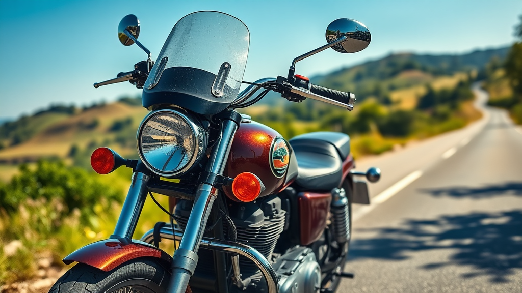 well-maintained motorcycle gleaming and road-ready parked on a rural roadside, preventive motorcycle maintenance