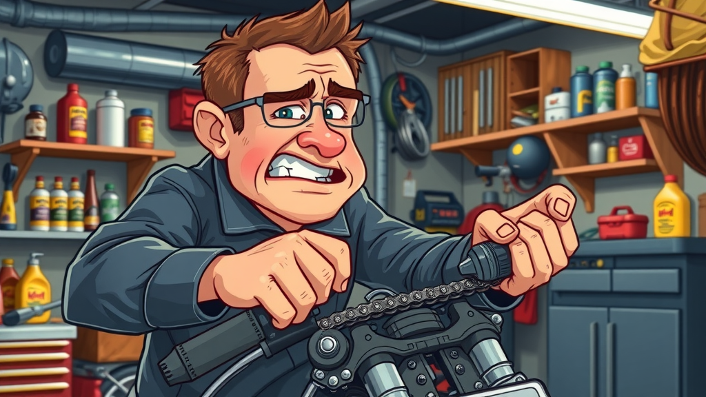 frustrated motorcycle owner making common chain lubrication mistakes, over-applying lube, using incorrect products like WD-40, cartoon-style - chain lubrication tips
