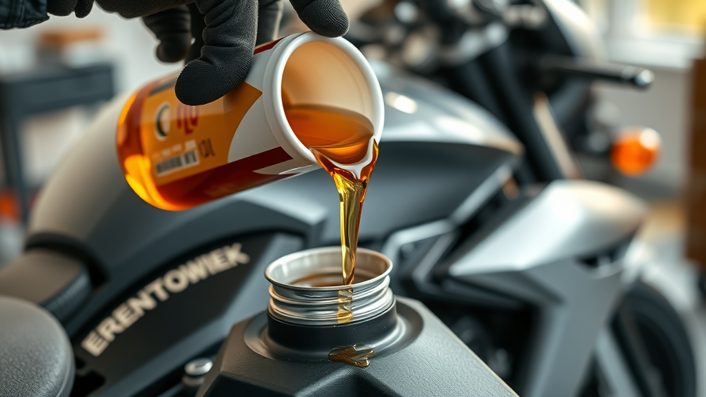 Close-up of gloved hand pouring fresh engine oil into motorcycle using a funnel for proper oil change steps, action shot
