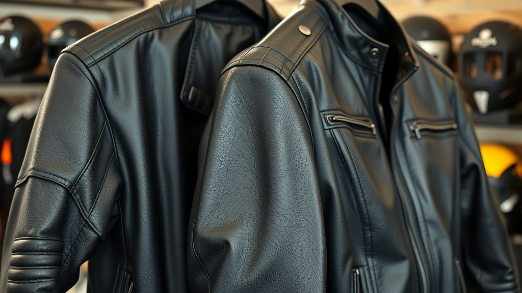 close-up of leather and textile motorcycle jackets hanging with vivid textures in a retail setting