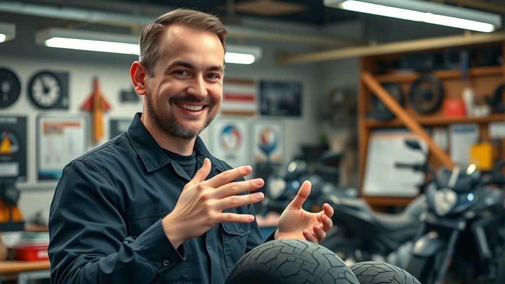 professional mechanic teaching motorcycle tire and brake care maintenance