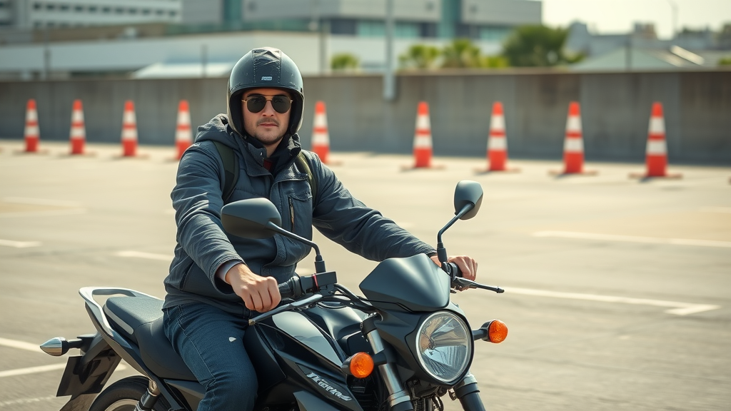 Focused beginner practicing motorcycle riding skills, balancing and braking in a parking lot with orange cones