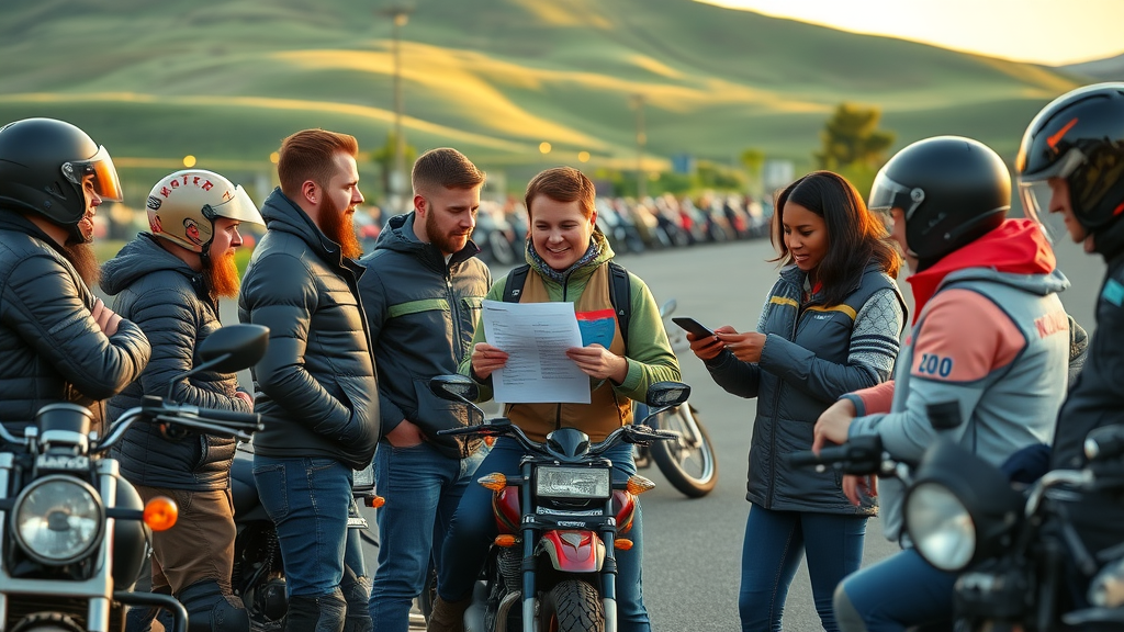 Diverse group of motorcycle riders reviewing safety checklists before a ride, demonstrating collaborative motorcycle safety inspection habits.