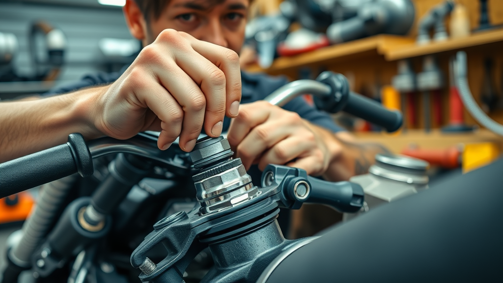 motorcycle maintenance check, hands checking oil and tightening bolts, action-focused lifelike detail