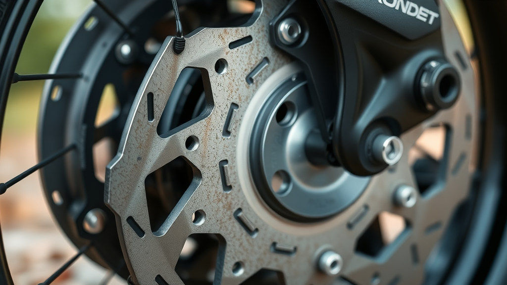 close up detailed motorcycle disc brake and pads with grooves and discoloration