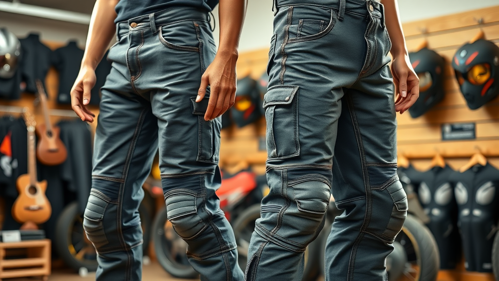 rugged motorcycle pants and riding jeans displayed on mannequins with protective features