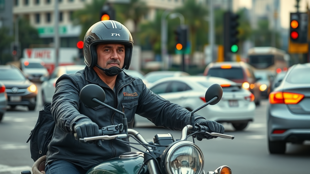 motorcycle accident prevention: vigilant rider maintaining safe distance and awareness in busy city traffic