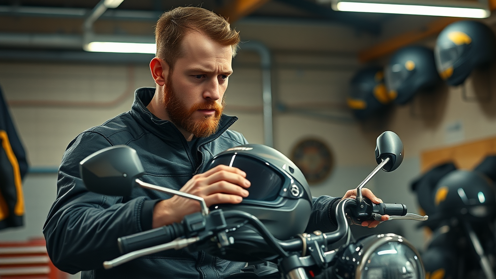 powerful motorcyclist inspecting protective motorcycle gear in an urban garage with helmets and jackets