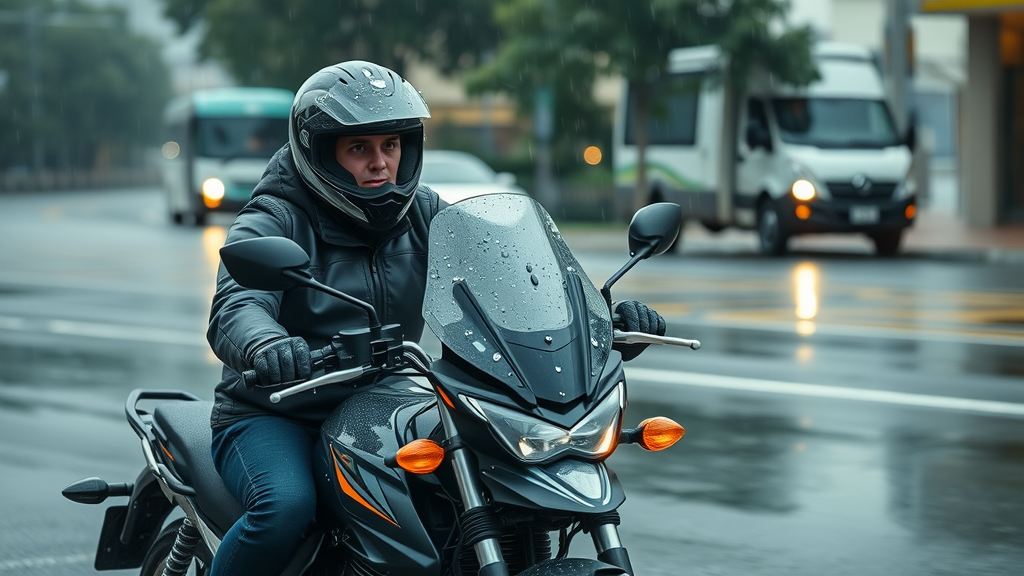 Steady beginner rider navigating motorcycle on wet city street in rain, applying beginner motorcycle riding tips for adverse conditions.