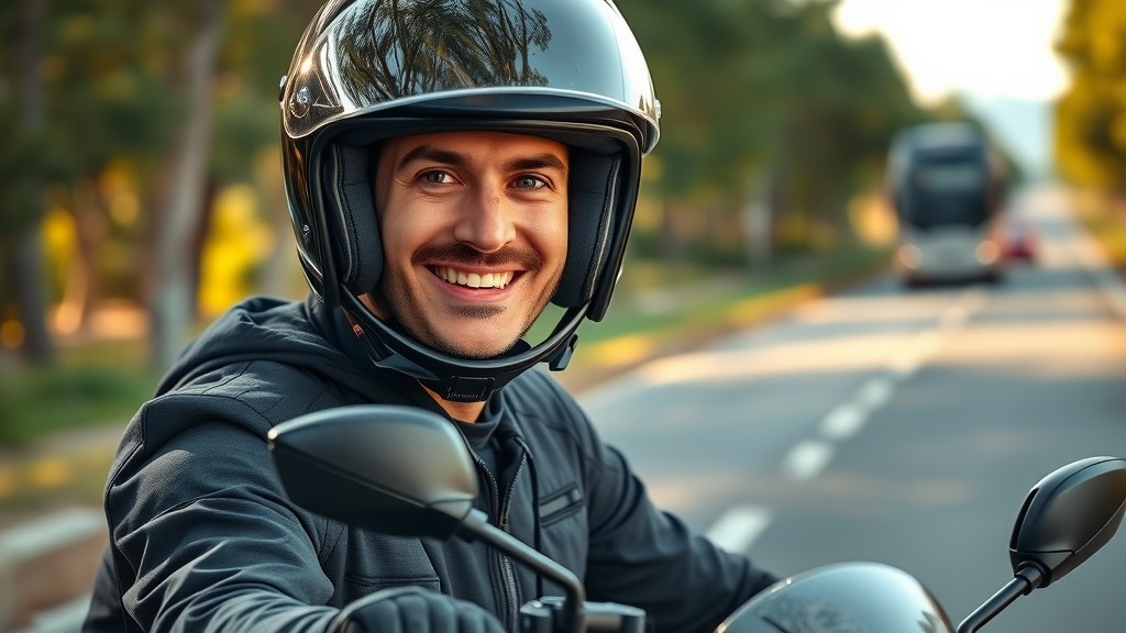 motorcycle rider demonstrating properly fitted helmet and full high-visibility safety gear
