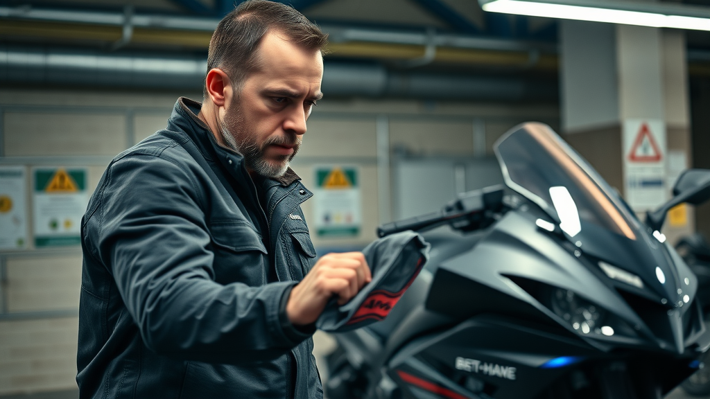 Somber, experienced motorcycle rider performing a safety check on a sportbike in a well-lit garage with safety posters. The focus is on careful inspection, relating to motorcycle safety checks.
